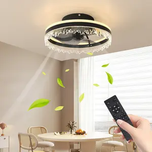 Modern LED Ceiling Fan with Light 16'' Dimmable Invisible Blades Crystal Design Remote Control Adjustable Color Temperature Quiet for Bedroom Living Room Black