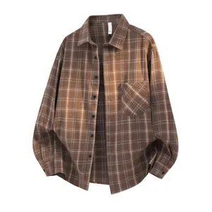 Spring new plaid long-sleeve shirt for men; Korean-style trendy loose-fit cotton shirt with a turn-down collar; unisex retro casual loose-fit outerwear; soft, comfortable, breathable fabric suitable for everyday wear.
