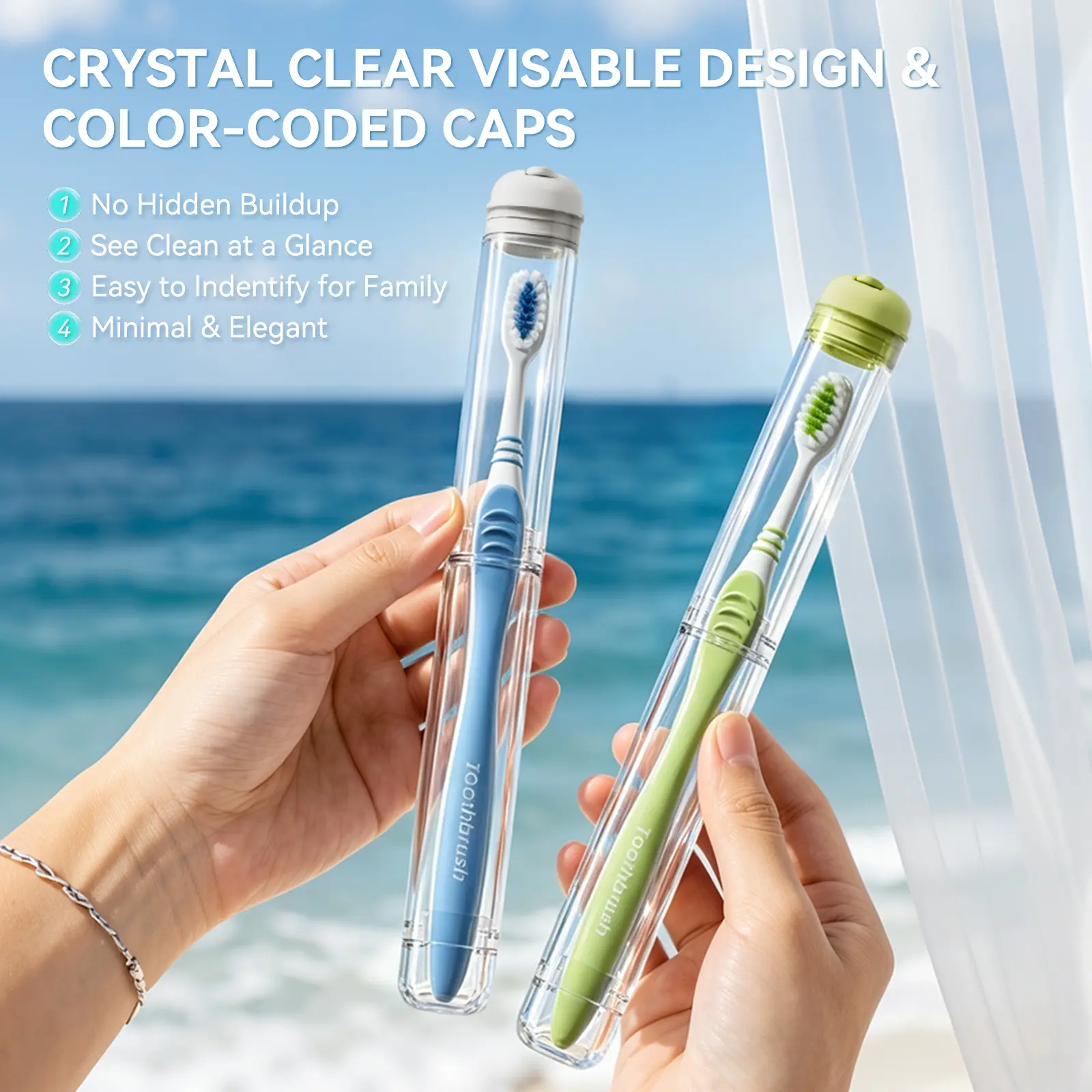 GONGQIN 2-Pack Freestanding Dustproof PCTG Plastic Toothbrush Holder, Portable Travel Storage Tube with Ventilating Cap, Detachable Case for Manual & Slim Mini Electric Toothbrushes, Bathroom Oral Care Accessory for Camping Trips