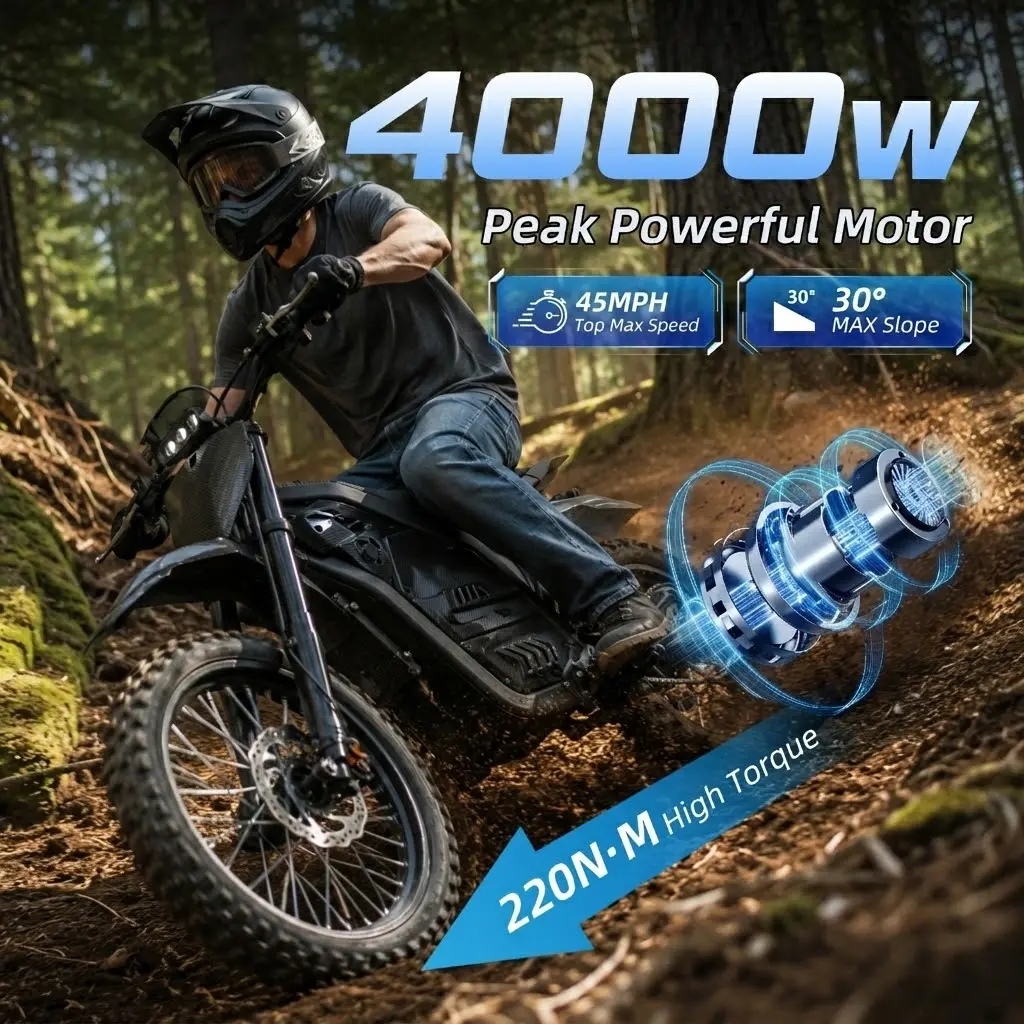 NoveGlow Electric Bike for Teens & Adults, 4000W Motor, 48V 23AH Battery, 230 Nm Strong Torque, Up to 45 MPH Speed & 40 mi Range, LED Headlight, Ideal for Off-Road & Commuting Riding