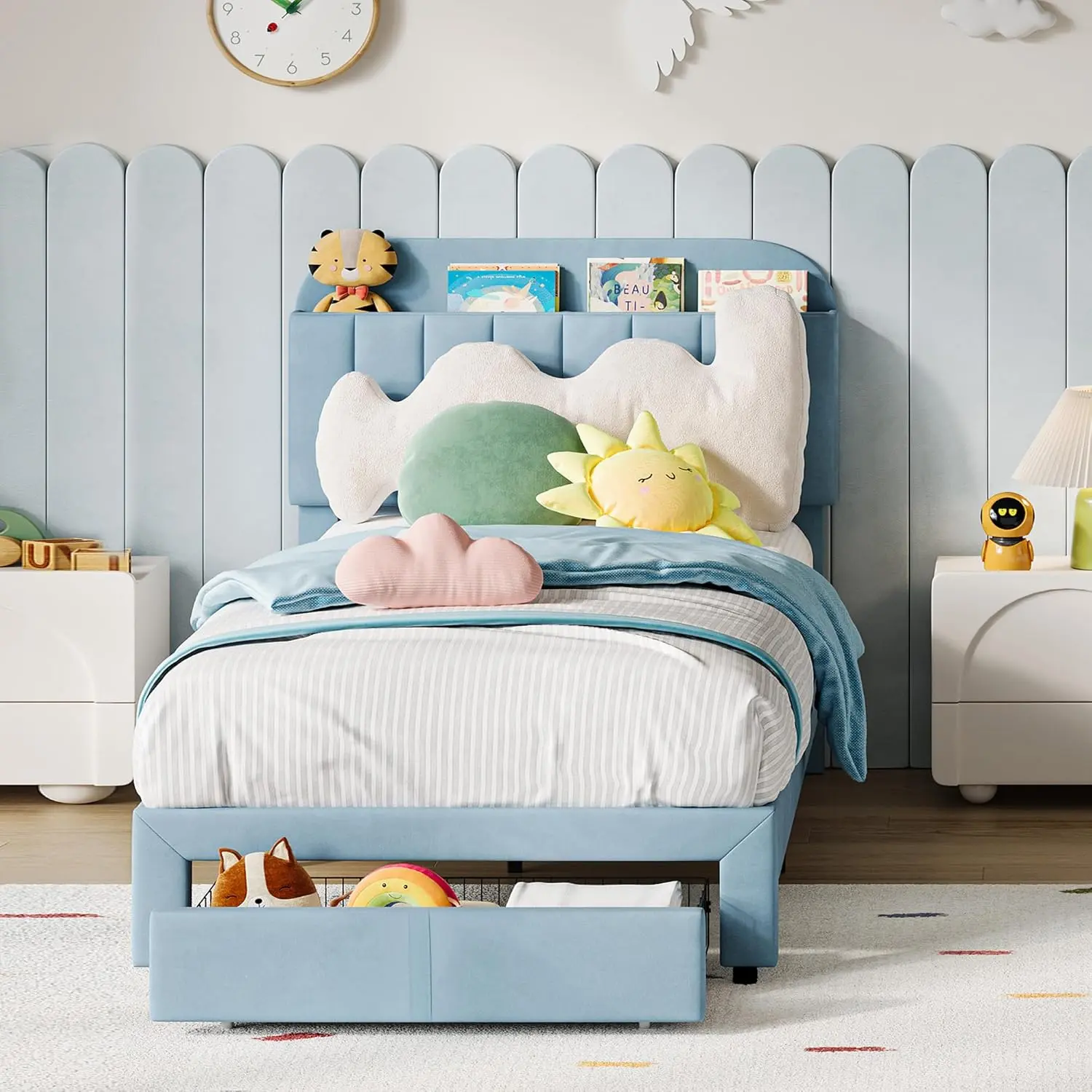 Twin Bed Frame with Bookcase Headboard, Velvet Upholstered Platform Bed Frame with Under-Bed Drawer, No Box Spring Needed/Noise-Free