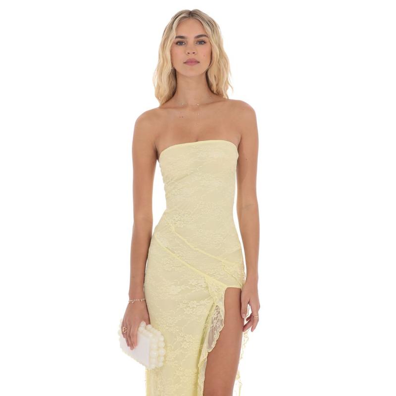 Lace Ruffle Slit Maxi Dress in Yellow