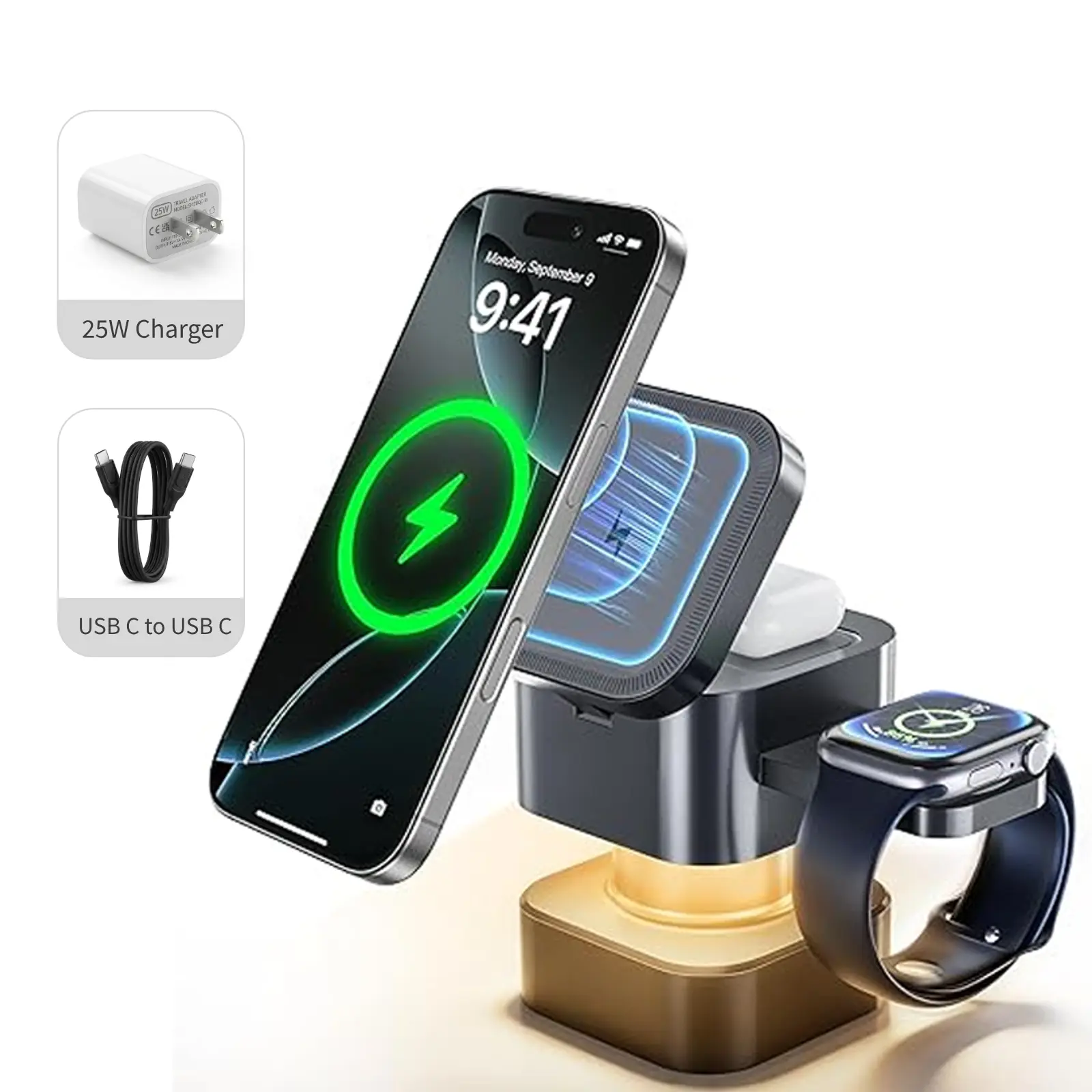 2026 New Model: 4-in-1 magnetic wireless charger with night light, 15W fast charging desktop dock, adjustable night light, foldable travel charger, compatible with iPhone 17/16/15/14/13/12, Apple Watch, and AirPods