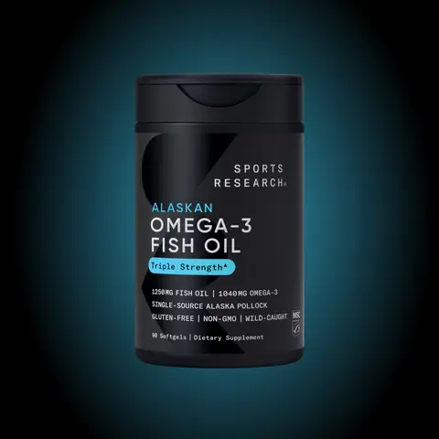 Sports Research Triple Strength Omega 3 Fish Oil - Burpless Fish Oil Supplement w/ EPA & DHA Fatty Acids from Wild Alaskan Pollock - 1250 mg, 90 ct