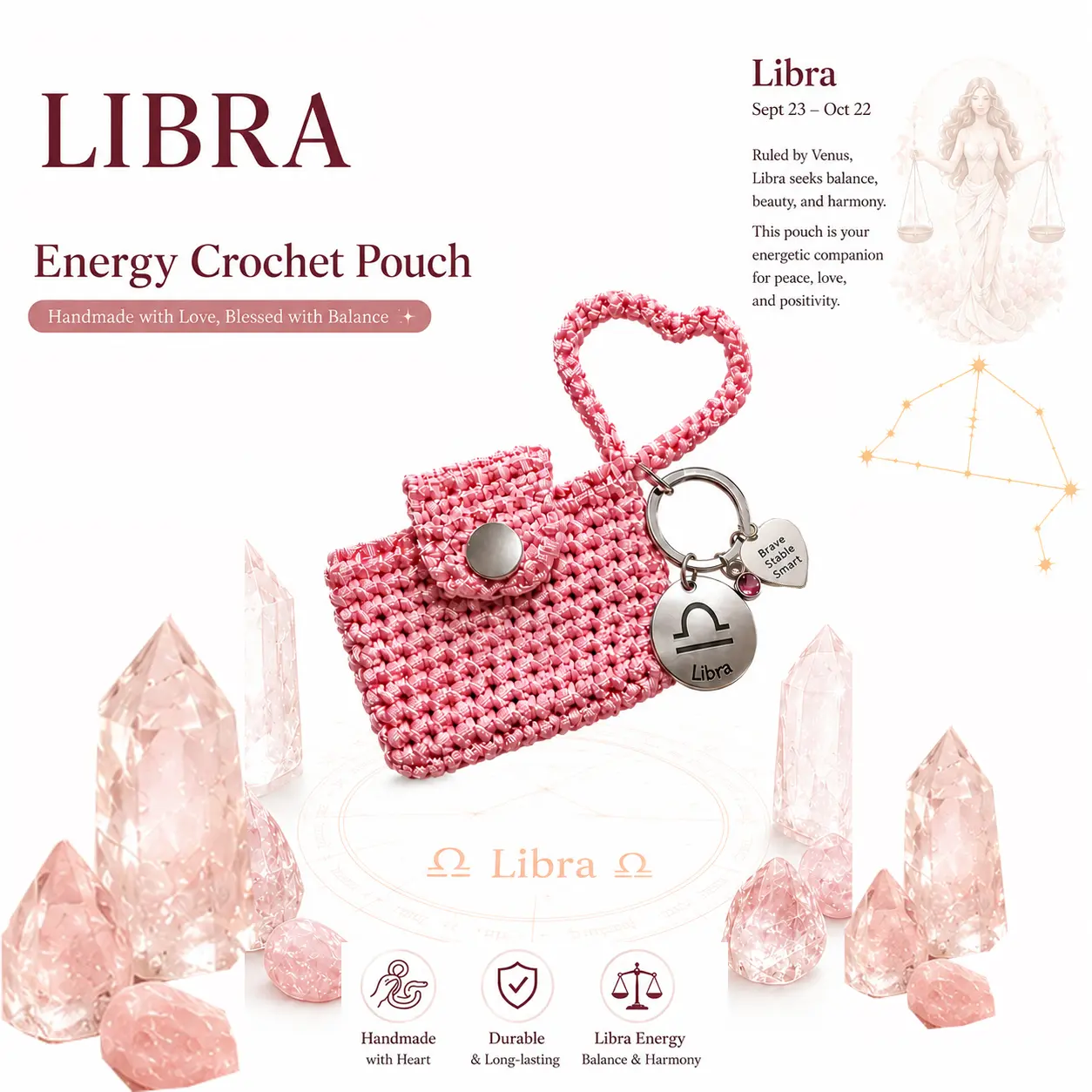 Libra Energy Everyday Carry Pouch | Handmade Zodiac Crochet Wallet | AirPods Case, Key Holder, Lucky Crystal Charm, Outdoor EDC Gift
