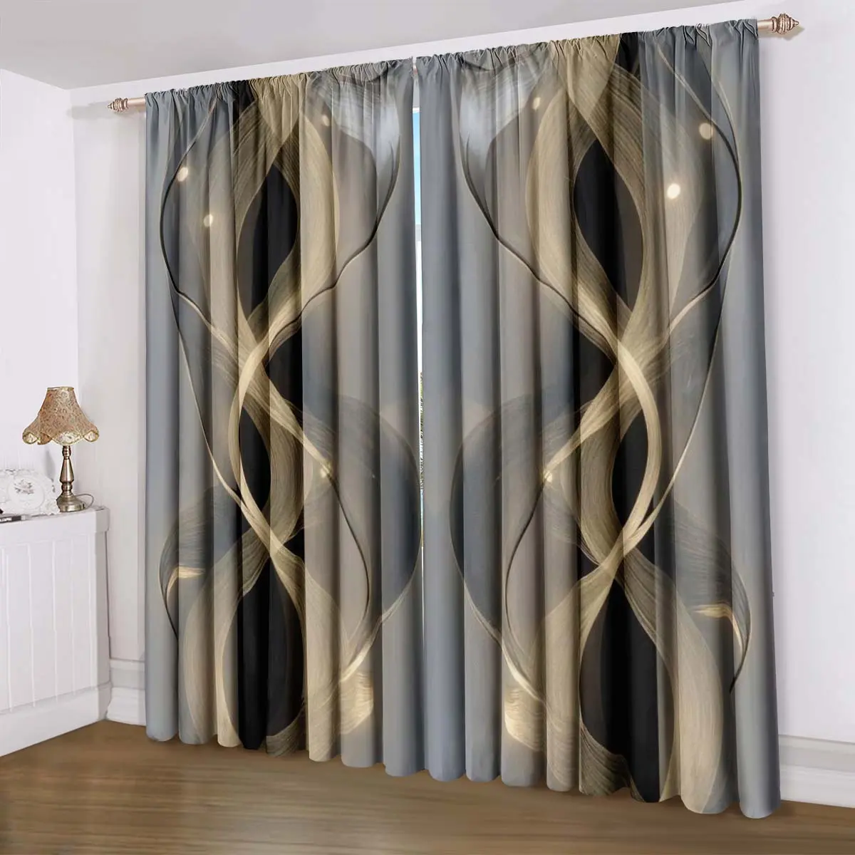 Modern Geometric Pattern Home Decoration Curtain, Gold & Silver Color Digital Print, Easy Install, All-Season Decor, Home Decorative Curtain, Window Curtain