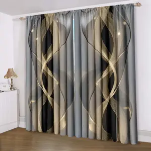 Modern Geometric Pattern Home Decoration Curtain, Gold & Silver Color Digital Print, Easy Install, All-Season Decor