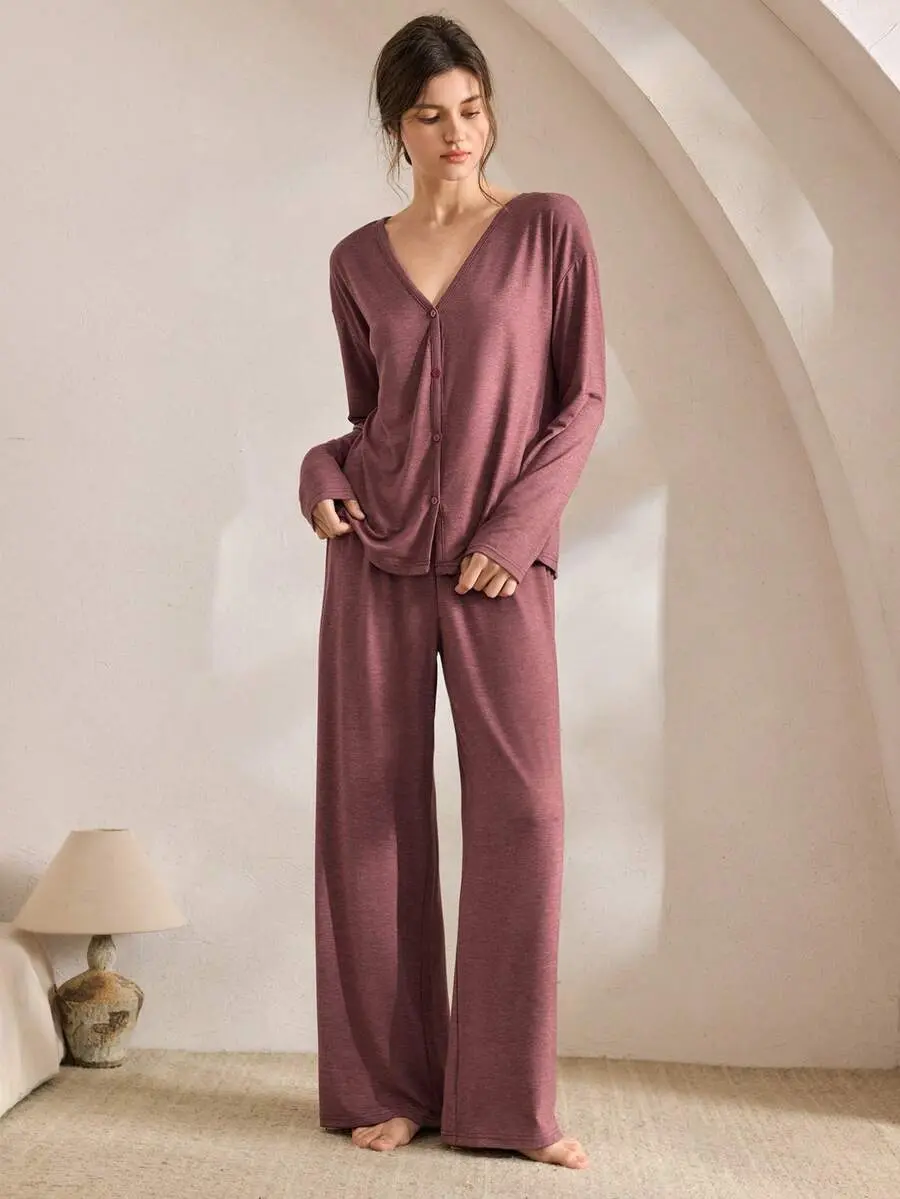 Women's Minimalist V Neck Lounge Set, Loose Collarless Sleepwear Set For Home Relaxed Daily Wear Winter Casual Outfits