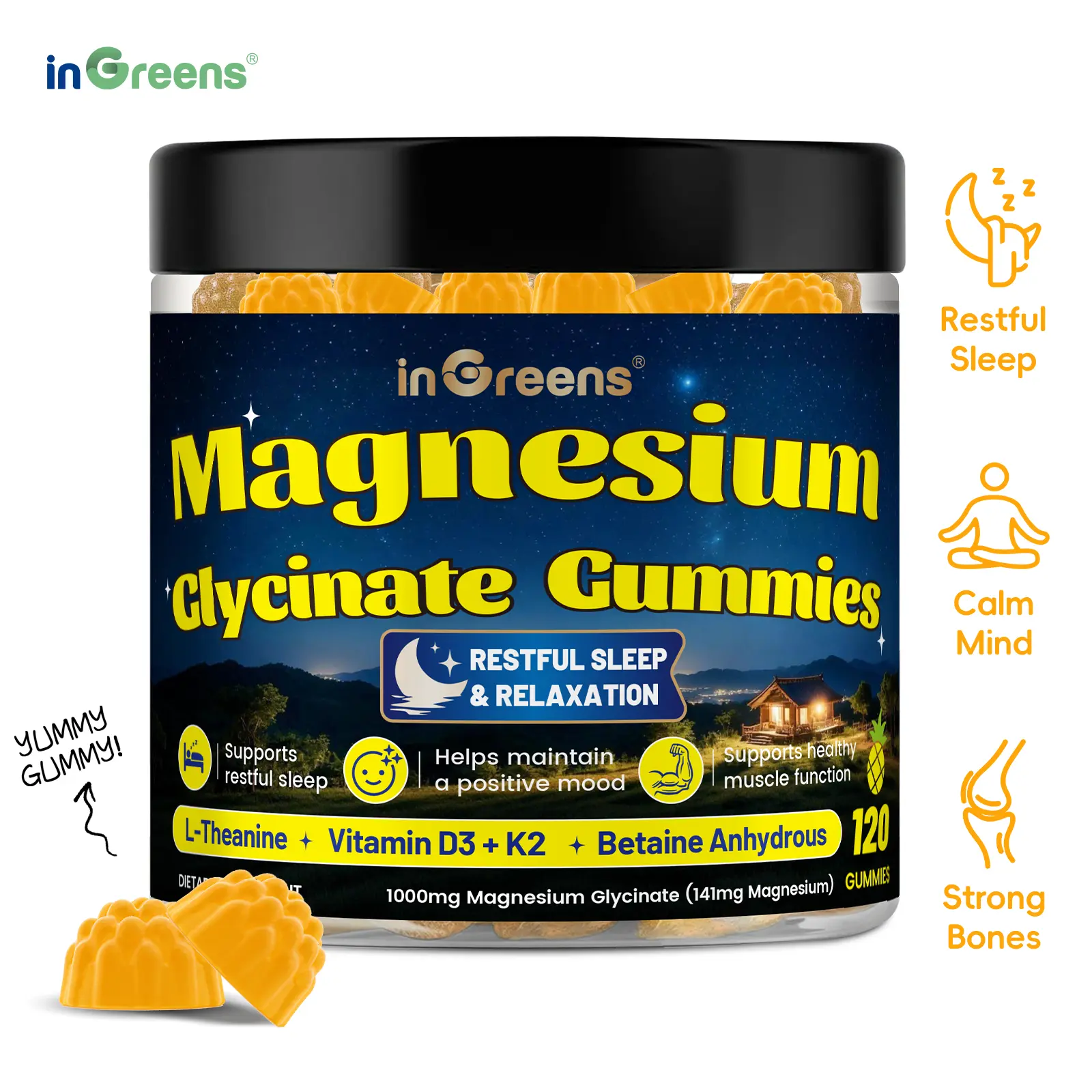 Sleep Better & Stay Focused | inGreens Magnesium Glycinate Gummies | Doctor Formulated Complex with L-Theanine & B6-Sugar-Free & Vegan Friendly-60 Servings