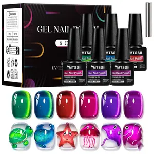 MTSSII Reflective Cat Eye Gel Nail Polish Set, 6 Vibrant Colors Super Shiny Golden Cat Eye Nail Polish with Magnetic Stick, Holiday Gift Pick UV LED Soak Off Nail Polish Home DIY Manicure Nail Salon Varnish