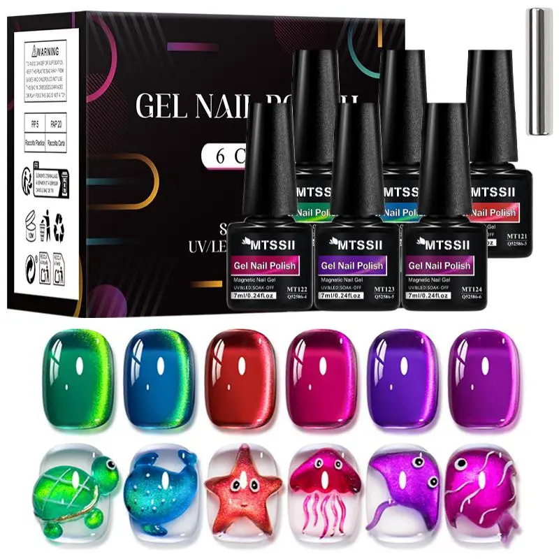 MTSSII Reflective Cat Eye Gel Nail Polish Set, 6 Vibrant Colors Super Shiny Golden Cat Eye Nail Polish with Magnetic Stick, Holiday Gift Pick UV LED Soak Off Nail Polish Home DIY Manicure Nail Art Nail Salon Varnish Gel Shine Finish