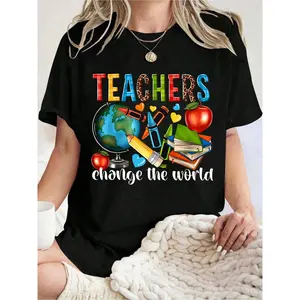 Women's Teachers Change The World Print T Shirt,100% Cotton Short Sleeve Round Neck Teacher Appreciation Day School Education Gift,Comfortable & Breathable Material,Size S-5XL