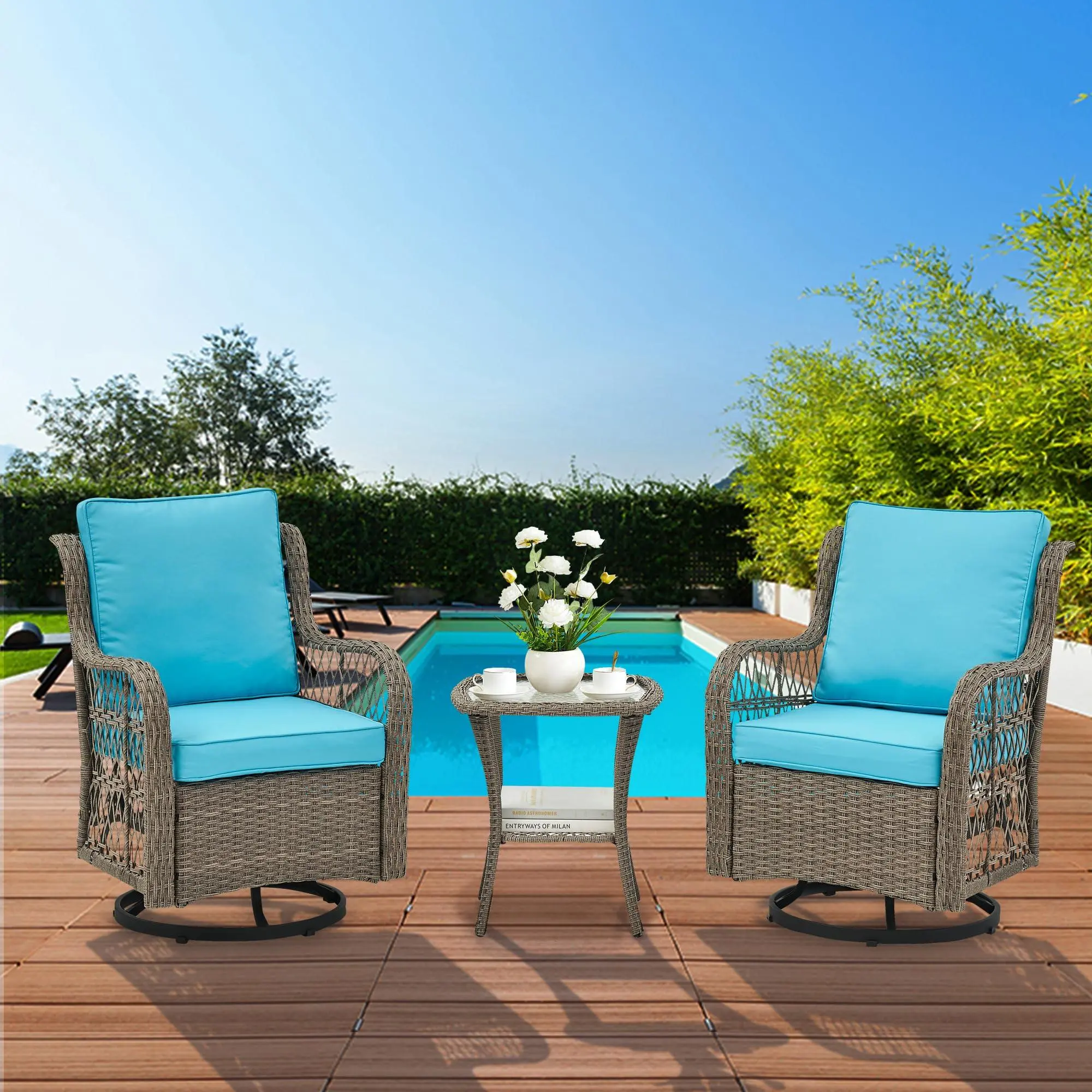 GARVEE 3 Pieces Outdoor Swivel Rocker Chair Set of 2 with Glass Top Table, Outdoor Swivel Glider Rocker, Wicker Swivel Chair Set for Patio Porch Pool (Grey Wicker/Light Blue Cushion)