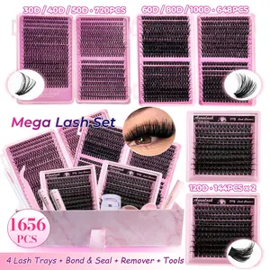 1656PCS Lash Extension Kit, DIY Cluster Lashes Set, Natural to Volume Styles, 30D 40D 50D 60D 80D 100D 120D, D Curl Lash Tray Kit, Beginner Friendly, Soft Lightweight, Salon Effect, At-Home Lash Extensions
