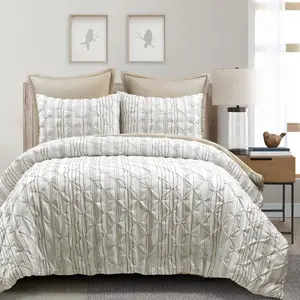 Ravello Pintuck Striped Comforter Set - Luxe 5 Piece Reversible Bedding Set - Glam & Farmhouse Inspired Bedroom - Full/ Queen, Neutral Stripe