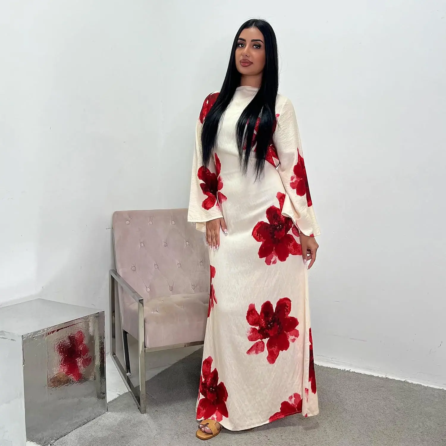 Women's Muslim Dresses Bell Sleeve Floral Print Maxi Dress Butterfly Abaya Dubai Kaftan Prayer Dress for Eid Ramadan