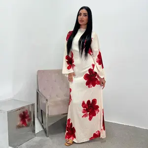 Women's Muslim Dresses Bell Sleeve Floral Print Maxi Dress Butterfly Abaya Dubai Kaftan Prayer Dress for Eid Ramadan