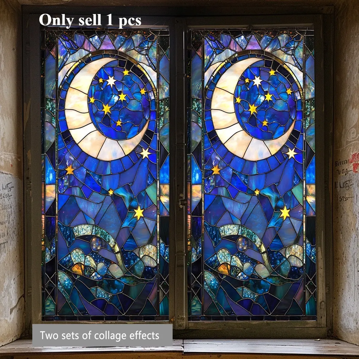 A large-sized star and moon night sky space theme design window sticker, double-sided static glass sticker, home decor, Window Decorations Supplies, suitable for bedroom, living room window decoration, model D20311, Removable Window Decal, Space Stickers