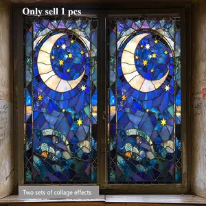 A large-sized star and moon night sky space theme design window sticker, double-sided static glass sticker, home decor, Window Decorations Supplies, suitable for bedroom, living room window decoration, model D20311, Removable Window Decal