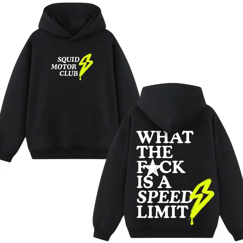 Funny Squid Motor Club Graphic Hoodie - What The F*ck Is A Speed Limit Print, Biker Rebel Streetwear Pullover, Unisex Vintage Oversized Fit, Trendy Motorcycle Apparel & Unique Gift for Riders