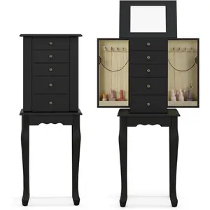 Standing Jewelry Cabinet Armoire with Top Flip Mirror, Jewelry Box Chest with 4 Drawers, Top Compartments, 8 Necklace Hooks and 2 Side Doors, Jewelry Storage Organizer for Bedroom, Black   Storage vertical large capacity storage