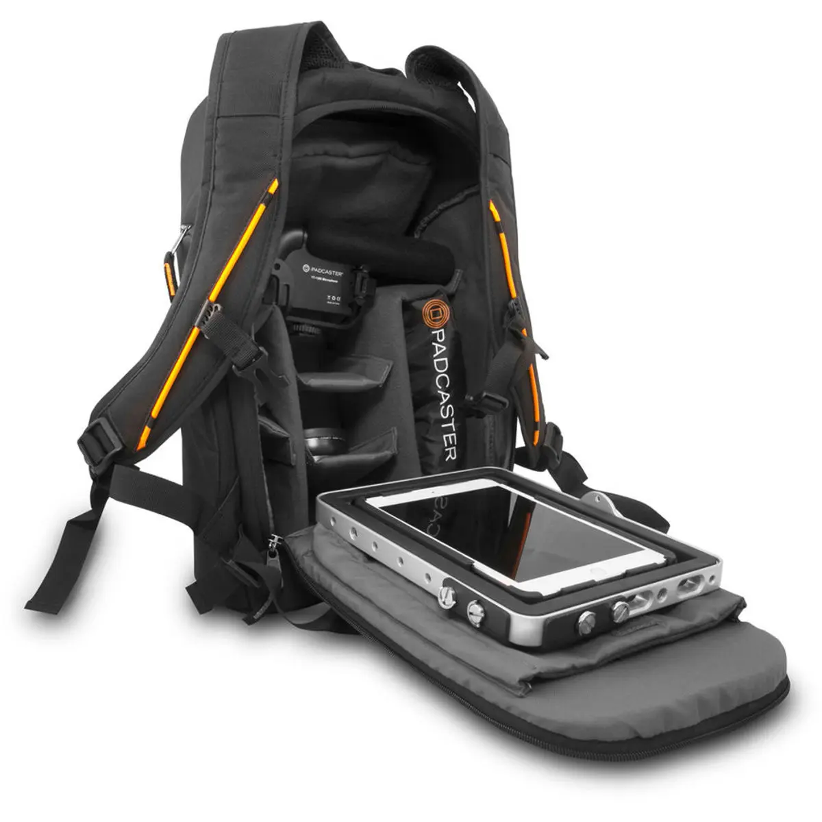 Padcaster Camera Backpack, Video Production Bag   with Dividers for Tablets, Phones, Cameras, and   Accessories with Protective Rain Cover