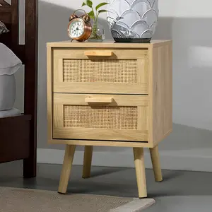 Nightstand, End Table, Side Table with 2 Hand Made Rattan Decorated Drawers, Wood Accent Table with Storage for Bedroom, Natural (Patented)