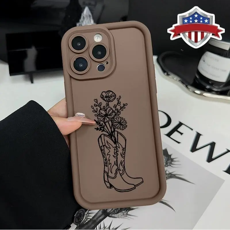 Shockproof 1.2mm Durable Silicone TPU Bumper Non-Slip Smartphone Case, Cowboy Boots & Flowers Design, Handheld Protection for iPhone 17 Pro Max, 16 Plus, 15, 14, 13, 12, 11, Air E Accessories