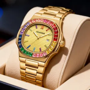 Luxury Square Wristwatch – Rainbow Crystal Accents | High‑End Men’s Timepiece with Diamond Mirror Finish  | Versatile Casual & Business Look | Ideal Gift for Him | Stylish Wristwatch with Date Function