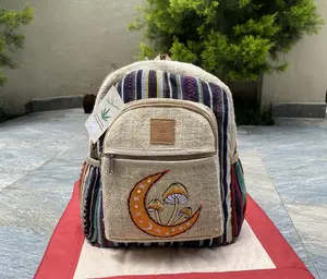 Medium Backpack, Unique Crescent Moon & Mushroom Embroidered Hemp Backpack, Boho Hippie Backpack, Perfect for Travel, College, Ethical Gift