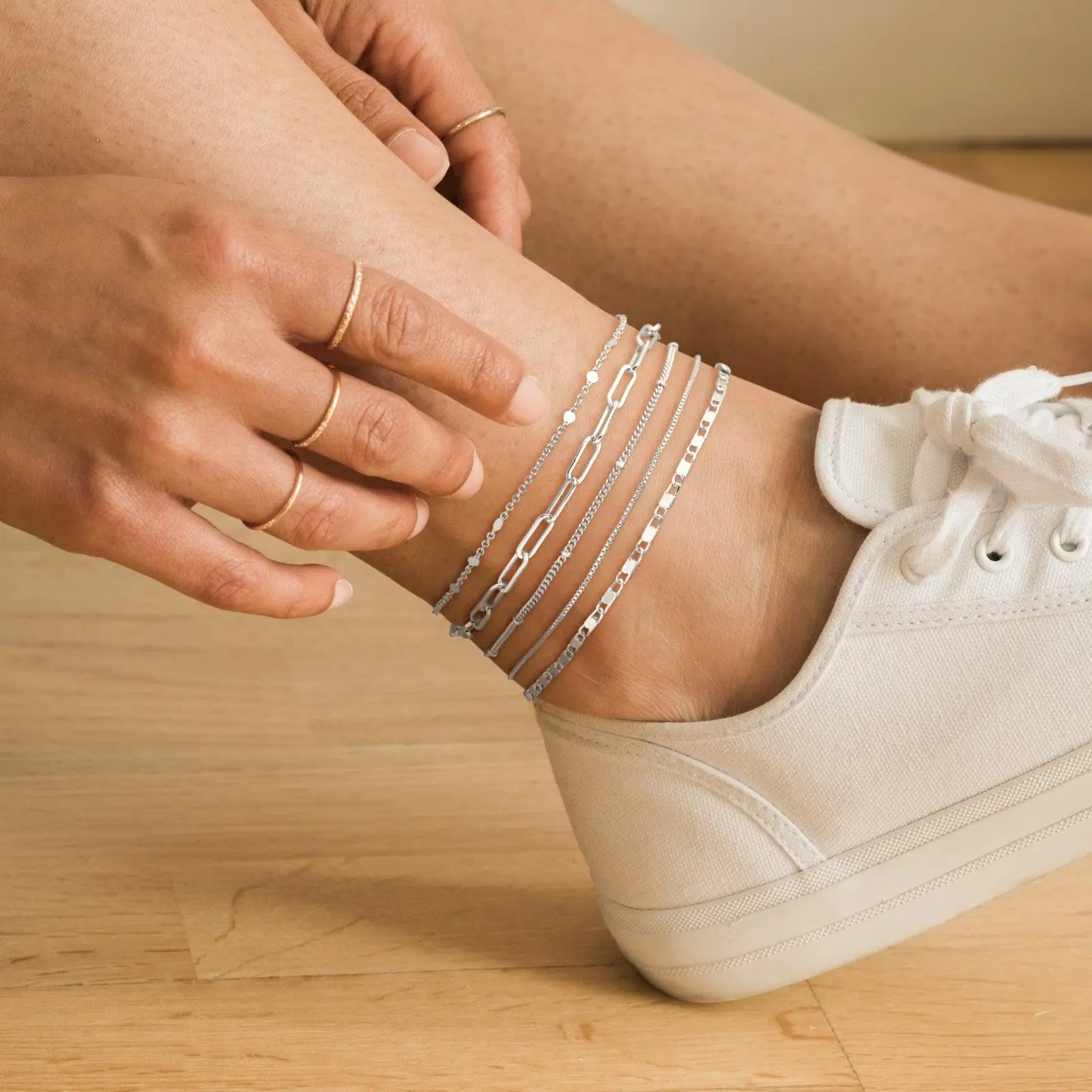 Tewiky 925 Silver-Plated Five-Layer Anklet with Spaced Bar Chain, Paperclip, Satellite Chain, Box Chain, Bar Link Chain), Valentine's Day Gift, Suitable for Various Occasions