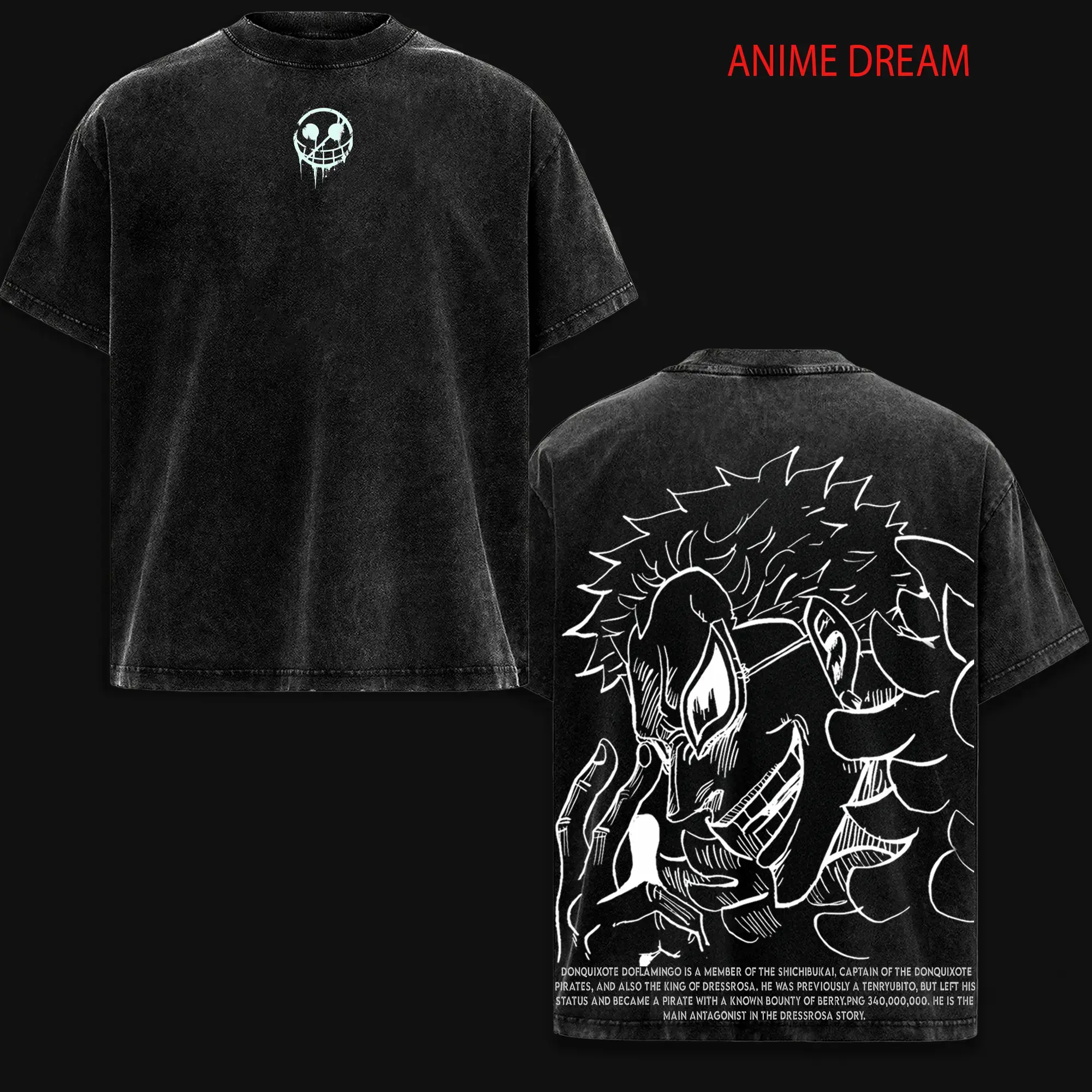 Doflamingo One Piece Anime Double Printed Vintage Washed Tee Unisex Oversize Anime Manga Washed Heavyweight Cotton T-shirt