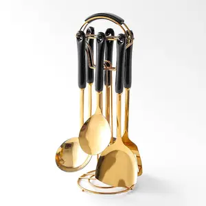 Generic Stainless Steel Kitchen Utensil Set, Spoon, Spatula, Pasta Server, Small Spatula (Black & Gold)