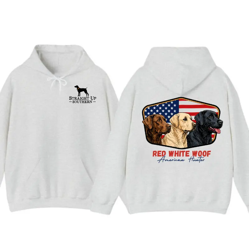 Men's Casual Pullover Hoodie, Patriotic 'Red White & Woof' Labrador Graphic, Cotton Sweatshirt with Ribbed Trim for Hunters, Long Sleeve, All Season, Graphic Print, Patriotic Men's Hoodies, Tops