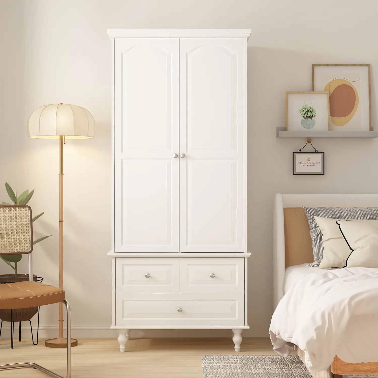 FUFU&GAGA 2-Door Wardrobe Closet Organizer with 3 Drawers, Hanging Rod, Wooden Legs, P2 Grade MDF Construction, White Spray Paint Indoor Storage Armoire