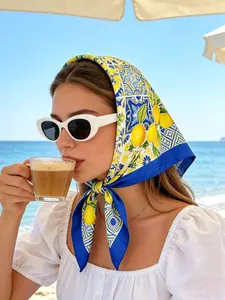 Silk-Like Lemon Print Square Scarf, Versatile Headband/shawl for Women, Lightweight Accessory for Daily Commute, Holiday, Outing, Fashion Headscarf