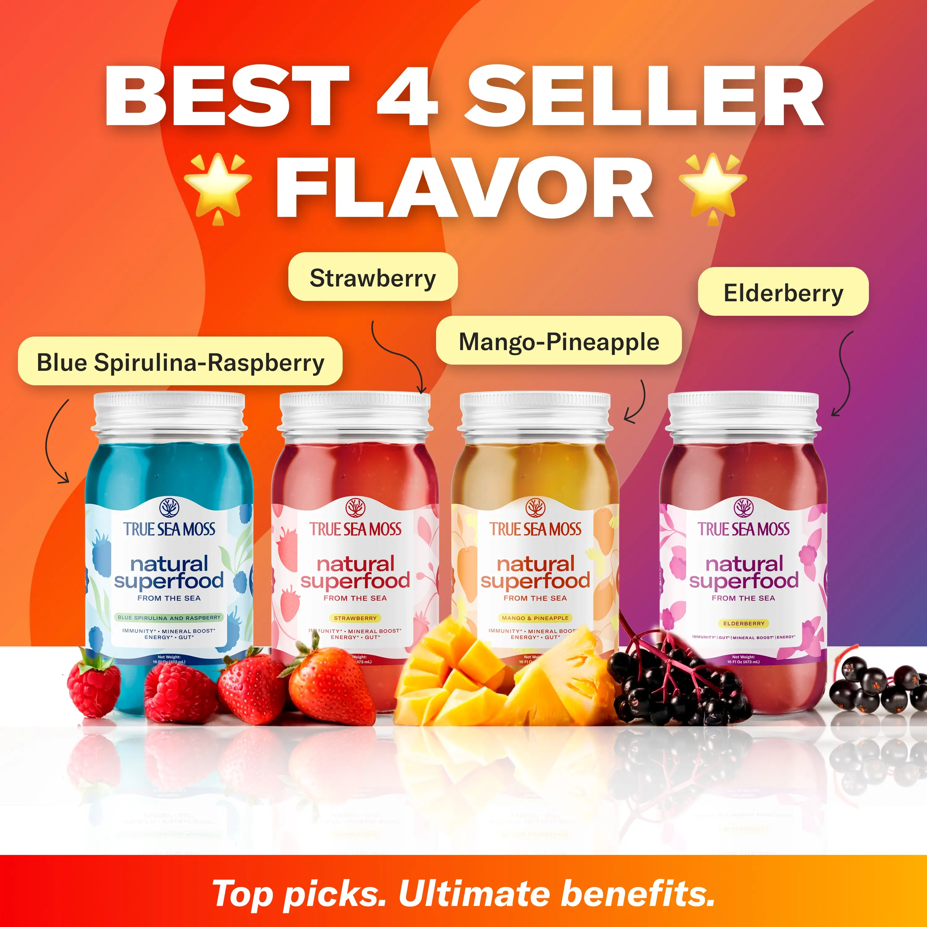 TrueSeaMoss Gel – All Best-Selling Flavors: Mango-Pineapple, Strawberry, Elderberry, Blue Spirulina – Rich in Minerals & Vitamins – supports immunity,