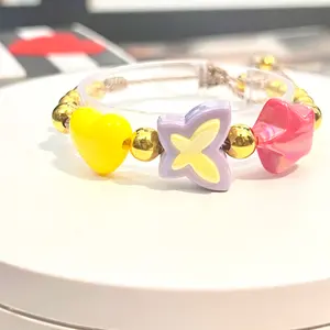 Summer Butterfly Bracelet Clay Bead Beaded Flower Charm Adjustable Handmade Nylon Cord Gold Plated Acrylic Pearls Gift