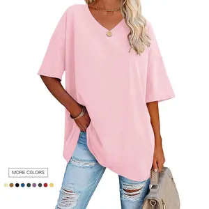 Danedvi Women's Oversized V-Neck Half-Sleeve Loose-Fit Cotton-Polyester Tunic Top, Solid Minimalist Streetwear Clothes, Soft Comfy Spandex Summer Casual Blouse