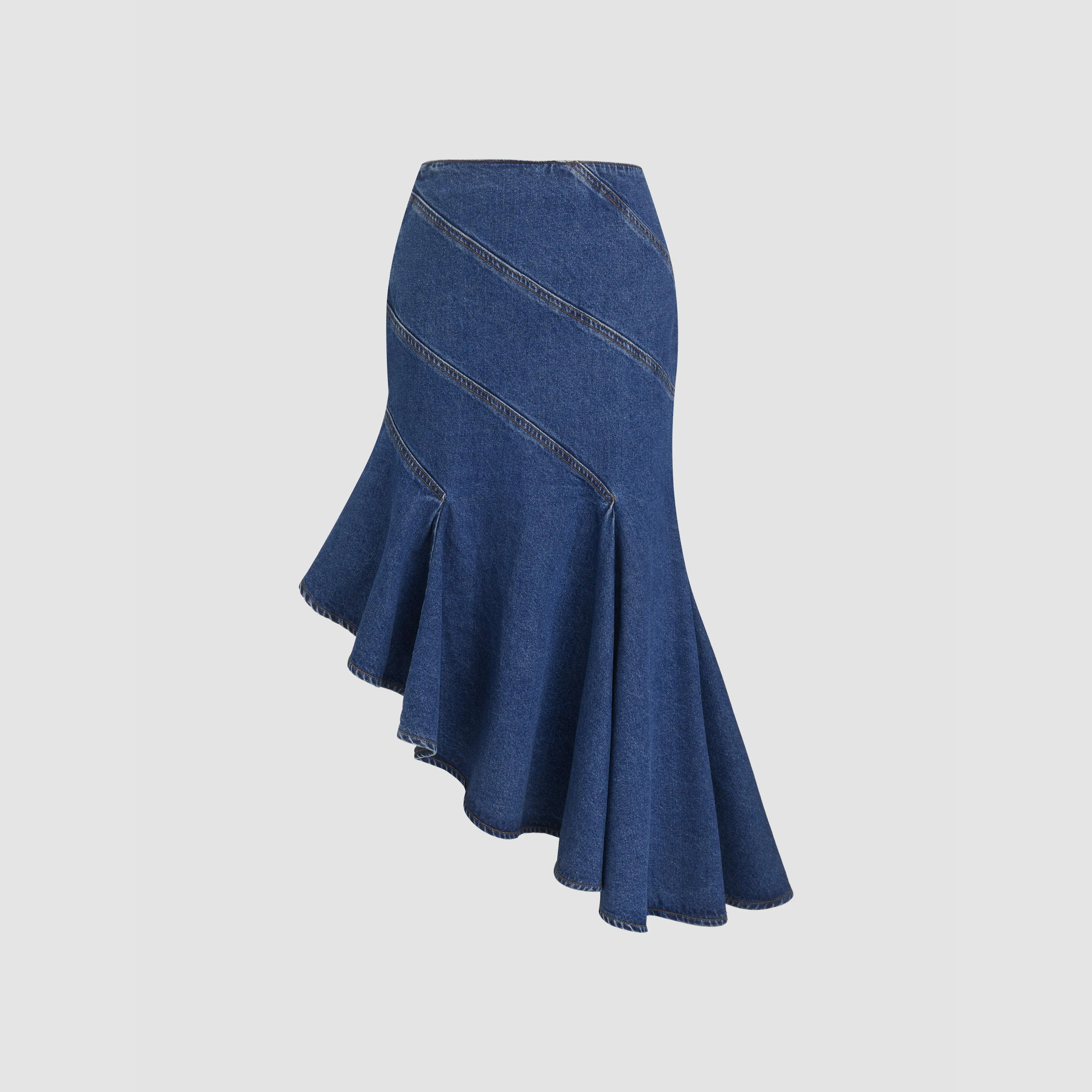 Cider Denim Mid Rise Asymmetrical Ruffle Hem Mermaid Midi Skirt