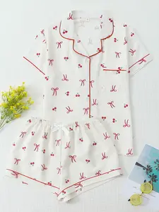 Women's Cherry Bow Print Pajama Set, Sweet Lapel Short Sleeve Top with Pocket and Bow Shorts, Casual Homewear Loungewear