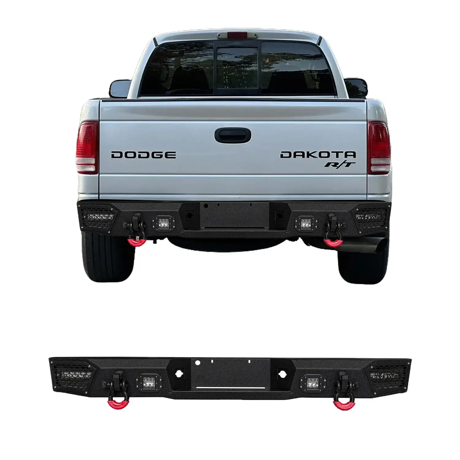 Vijay Black Textured Metal Rear Bumper for 1997-2004 Dodge Dakota, Equipped with LED Lights, 2 x D-Ring Mounts, Off-Road Capable, Simple Screw Installation, 2 X D-Rings