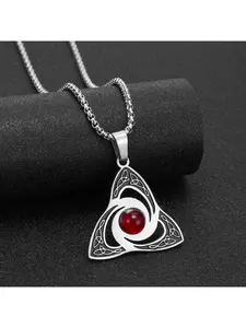Gothic Celtic Trinity Knot Pendant Necklace, Stainless Steel Viking Triskele Jewelry with Red Gem, Punk Hip Hop Necklaces for Couples