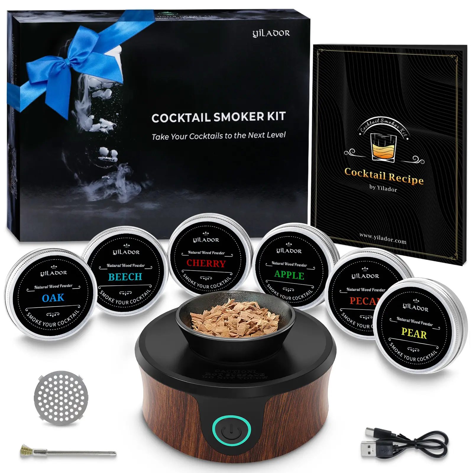 Yilador Electric Cocktail Smoker Kit, Drink Cocktail Kit for Old Fashioned Bourbon Whiskey etc., 6 Flavours Wood Chips, Bar Sets & Bar Utensils (Witho