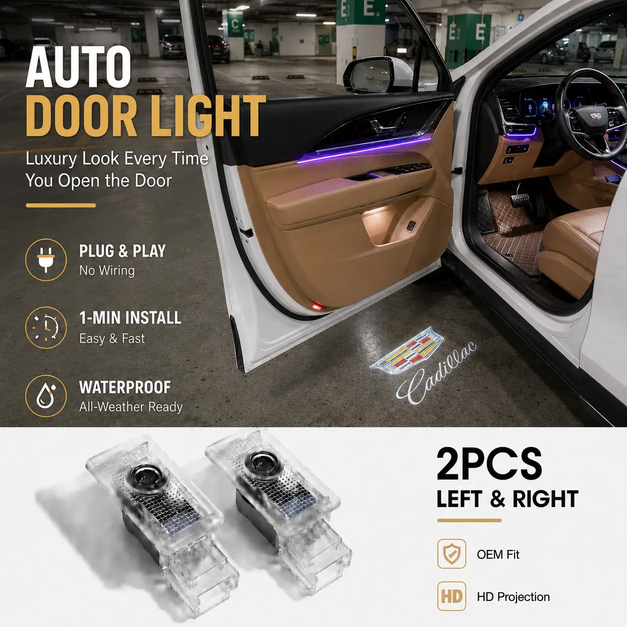 2PCS LED Door Welcome Lights for Cadillac, HD Logo Projection, Plug & Play, No Drilling Required, Vehicle Welcome Light, Welcome Courtesy Light