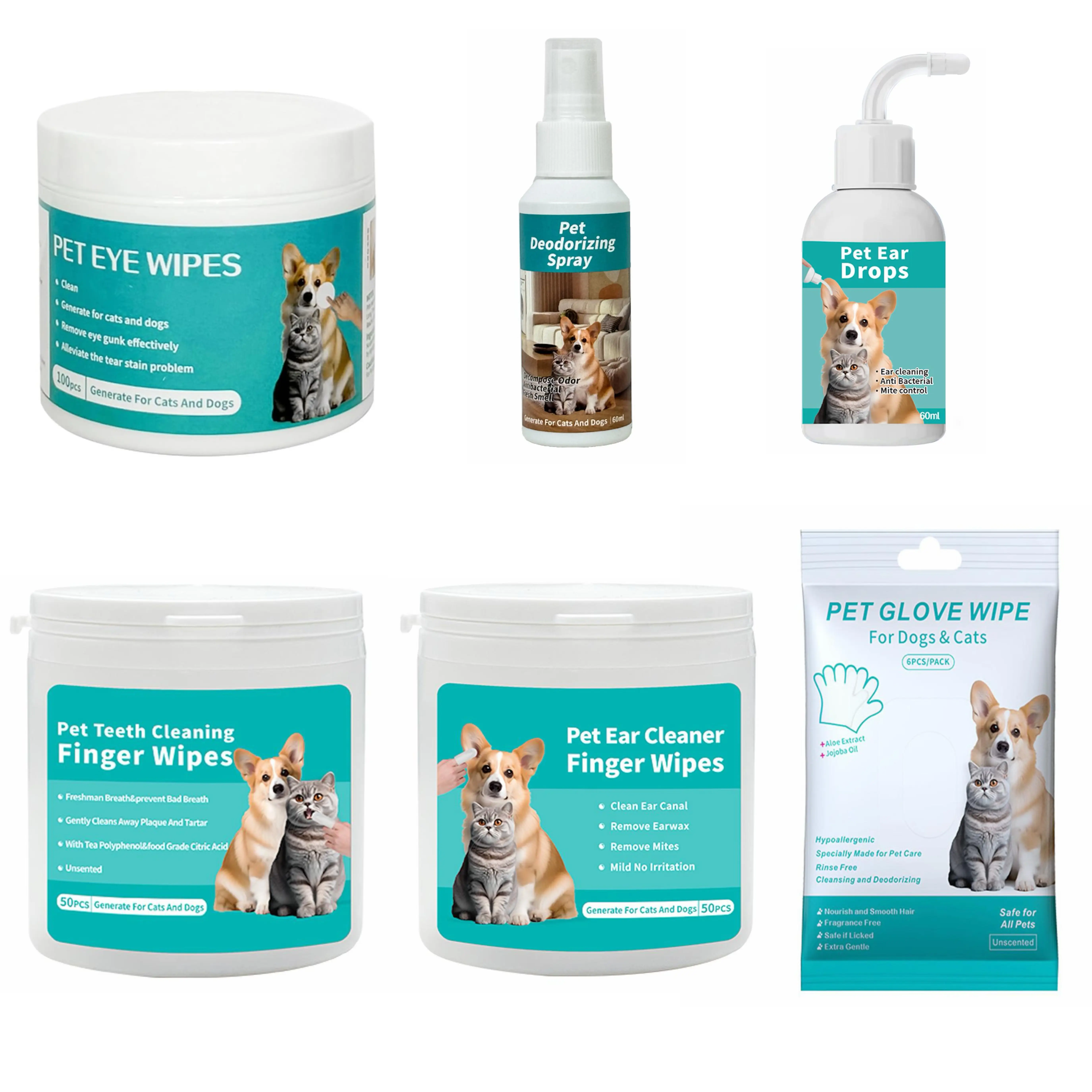 All-in-One Pet Cleaning Set | Dog Cat Eye Tear Stain Remover, Ear Drops, Deodorant Spray, Dental Finger Wipes & Glove Wipes | Pet Grooming Essentials (6pcs)