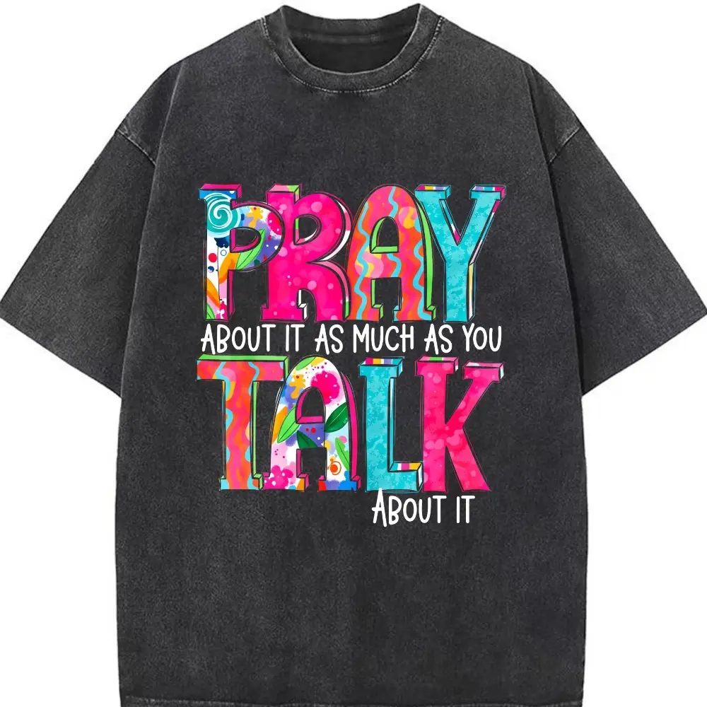 Men's Oversized Short-Sleeve Christian Round Neck Top, 'Pray About It' Graphic Print 100% Cotton Soft Casual Streetwear Menswear T-Shirt