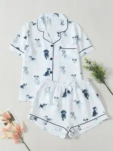 Women's Heart & Cute Dog Print Pajama Set, Short Sleeve Shorts, All Seasons, Soft Comfortable Homewear, Loungewear, Casual Button Front Design