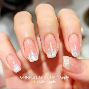 24pcs Glossy Translucent Glitter Gradient Press on Nails, Short Square Reusable False Nails, Acrylic Fake Nail Kit for Women, Perfect Gift