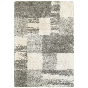 HomeRoots 507877 2 x 3 ft. Gray Ivory & Silver Geometric Shag Power Loom Stain Resistant Rectangle Area Rug
